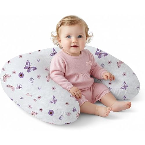 Little Grape Land Muslin Nursing Pillow, Soft 100% Cotton Breastfeeding Pillow with Breathable Removable Cover, Purple Butterfly Breast Feeding Pillows for Babies 0-12 Months with Protective Zipper