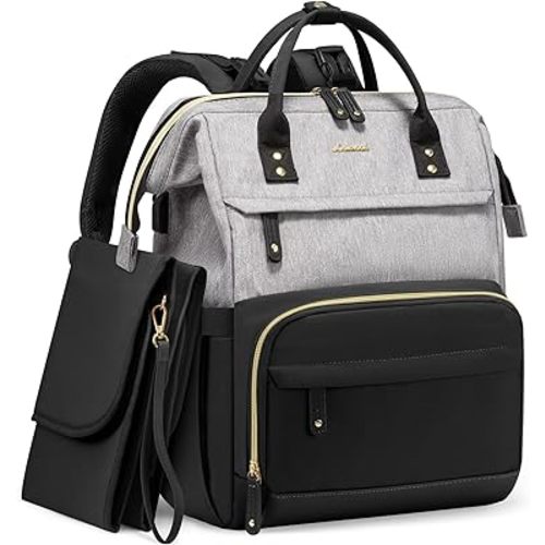 LOVEVOOK Diaper Bag Backpack, Baby Bag with Changing Station, Large Diaper Backpack for Mom Dads, Waterproof Leather Mommy Bag for Boy and Girl, Travel Essential Baby Shower, Black-Grey