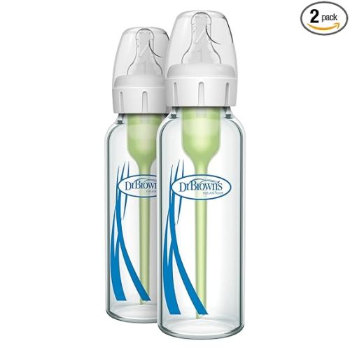 Dr. Brown's Anti-Colic Options+ Narrow Glass Baby Bottle with Level 1 Slow Flow Nipple, BPA-Free, 8 oz/250 mL, 0m+, 2 Count, 1-Pack