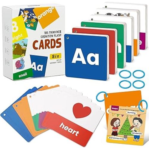 beiens Flash Cards for Toddlers 1-4 Years - 105 Cards - 210 Sides with Rings - Learn Colors, Number, Shapes, Animals, Body Parts, ABC Letters & Sight Words - Fun Learning and Educational Flashcards