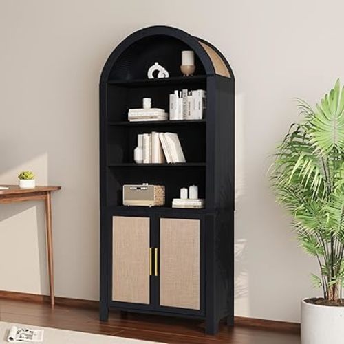 71" Tall Arched Bookcase with Storage, Mid-Century Modern 6-Tier Arched Cabinet with Door, Arched Bookshelf Cabinet with Open Display Storage Shelf for Office Living Room (Black)
