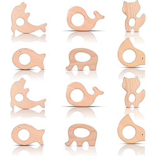IoF 12 Pcs Teething Toys for Babies, Natural Wooden Teething Rings Baby Teether Chew Toys for Infant Toddler Teethers Crackers Animal Set Pain Relief Handmade Hanging Ring Set Toy