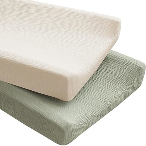 Konssy 2 Pack Muslin Changing Pad Covers for Boys, Ultra Soft & Breathable Cotton Baby Diaper Changing Table Covers, Neutral Nursery Diaper Changing Pad Sheets (Fog Green,Cream)
