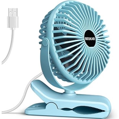 BESKAR Clip on Fan, Portable Small Desk Fans with Strong Airflow, 3 Speeds with Personal Fans Sturdy Clamp, Quiet Desk Fan & Clip Fan with USB Cord Powered - No Battery
