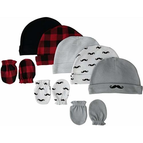 Hudson Baby Unisex Cotton Cap and Scratch Mitten Set - 0-6 Months - Mustache
