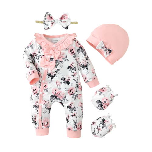 Newborn Baby Girls Clothes Newborn Girls One-piece Bodysuit Flower Print Newborn Girls Long Sleeve Floral Bodysuit with Headband Pink
