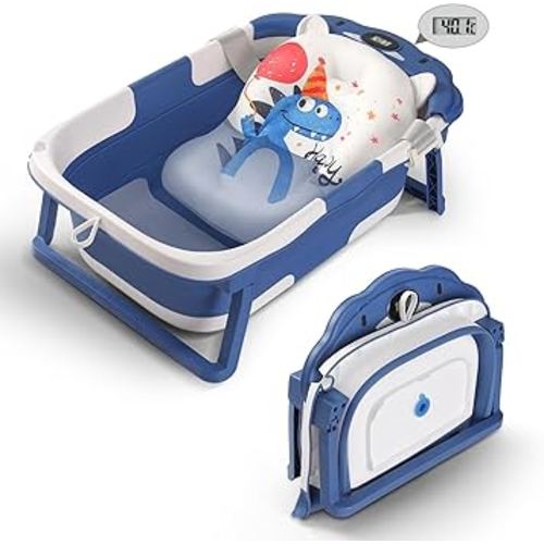 Baby Bathtub,Collapsible Baby Bath Tub with Thermometer & Soft Floating Cushion,Portable Travel Baby Bathtubs for Newborns to Toddlers 0-36 Months(Bear Blue)