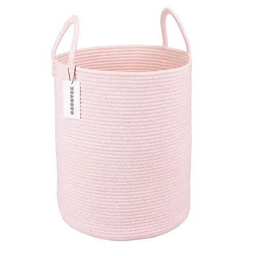 Cotton Rope Laundry Basket Hamper for Girls Kids Baby Nursery Hamper Bin Woven Storage Basket for Living Room Girls room Boho Tall Rope Baskets for Blanket Toys Large light pink