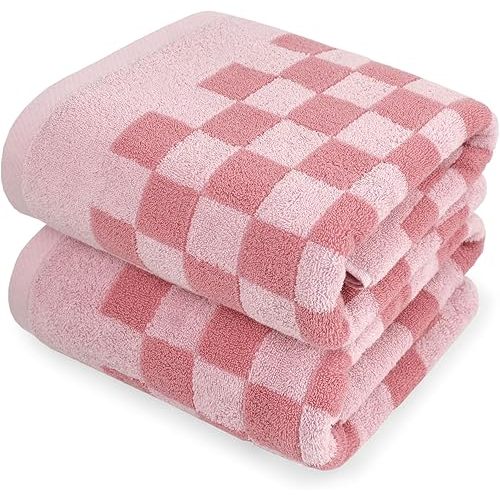 Jacquotha Soft Bath Towels for Bathroom (Pink Checkered), Cute Quick Dry Shower Towels Set of 2, Valentines Gifts for Her Women Girls, 27.5x55 Inches