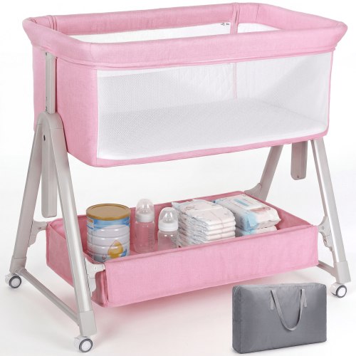 Cowiewie Baby Bedside Bassinet, Portable Crib with Wheels, Storage & Travel Bag for Newborn 0-6 Months, Pink
