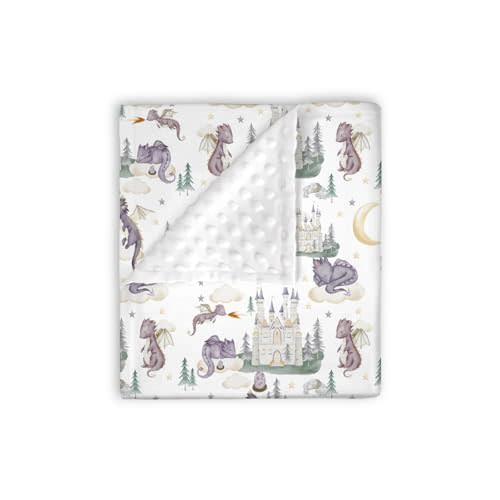 EyMzcod Mink Baby Boy Girl Blanket Cute Purple Dragon Fairy Tale, Castle Moon Cloud Star Soft Plush Double Layer Dotted Backing Receiving Swaddle, Newborn Infant Toddler Nursery Crib Bedding 30 x 40