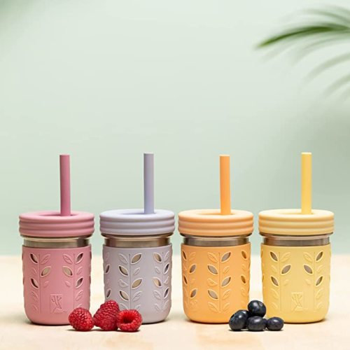 Elk and Friends Stainless Steel Cups | Mason Jar 10oz | Kids & Toddler Cups with Silicone Sleeves & Straws with Stopper | Spill proof Smoothie Cups - Plum/Soft Lilac/Lemon/Peach