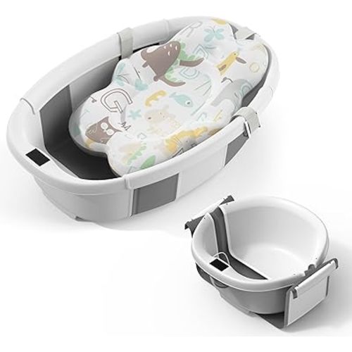 Collapsible Baby Bathtub, 3s to Install, Baby Bath Tub with Soft Cushion & Thermometer, 0-36 Months Newborn Bathtub, Portable Travel Baby Tub, Grey