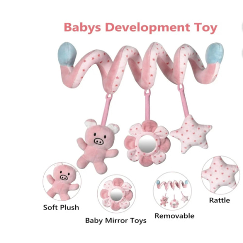 Car Seat Toys for Baby 0-6 Months, Pink Piggy Spiral Plush Toy for Crib Carseat with Mirror Rattles Baby Essentials