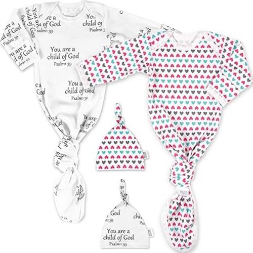 Ocean Drop Designs Baby Gowns 2 Packs (0-6 M) - 100% Cotton Newborn Coming Home from Hospital Outfit, Knotted Baby Nightgown, Hospital Newborn Outfit for Boys & Girls