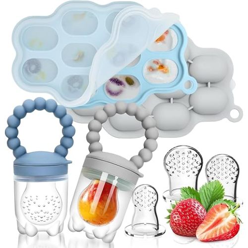 Silicone Baby Fruit Food Feeder, 2 Pack Freezer Tray with lid for Batch Prep,Introduce New Foods, Breastmilk Popsicle Molds, Silicone Teething Toys, Includes 6 Extra Food Pacifier