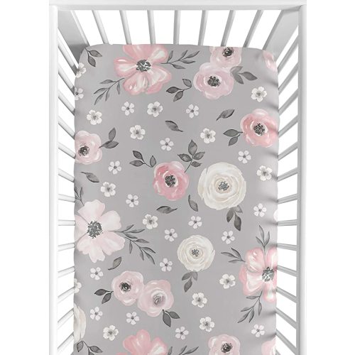 Sweet Jojo Designs Grey Watercolor Floral Girl Fitted Crib Sheet Baby or Toddler Bed Nursery - Blush Pink Gray and White Shabby Chic Rose Flower Farmhouse