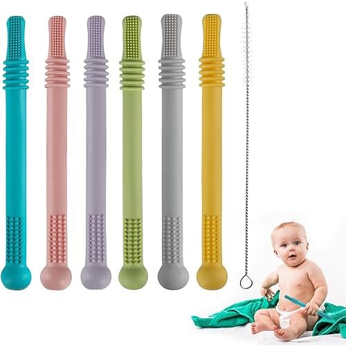 Fu Store Hollow Teether Tube Chew Straw Sensory Toy for Infant Toddlers Silicone Tubes Teething Toys for Babies 3-12 Months 0-36 Months Gifts Learning Developmental Toys BPA Free Freezable 6 Pack