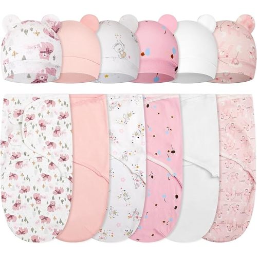 Ramede 6 Pack Swaddle Blanket with Hats for Baby Girl Boy 100% Cotton Swaddles 0-3 Months, Adjustable Breathable Skin Friendly Receiving Blanket Wrap, Essential for Newborns(Bear,Pink)