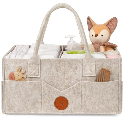 Maliton Felt Diaper Caddy Organizer for Changing Table - Large, Khaki | 15x9x7" Portable Nursery Storage Bin and Car Organizer for Diapers, Wipes. Boy & Girl Shower Gift Basket, Baby Essentials