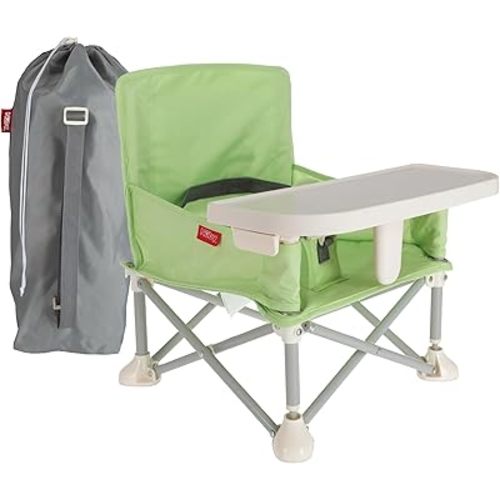 Nuby Easy Go Pop-Up Booster Seat with Removable Tray - 6+ Months - Portable Booster Seat for Floor for Indoor/Outdoor Use - 3-Point Safety Adjustable Straps - Includes Travel Bag - Green