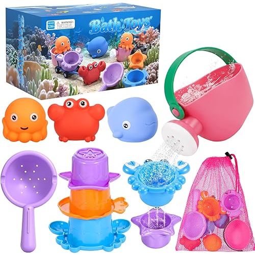 9 PCS Baby Bath Toys for Kids Ages 1-3, Mold Free Toddler Bath Toys for 2-4 with 3 No Hole Squeezing Marine Animals Toys, Bathtub Beach Sand Water Table Toys for 1 2 3 Years Old Girls Boys Gifts