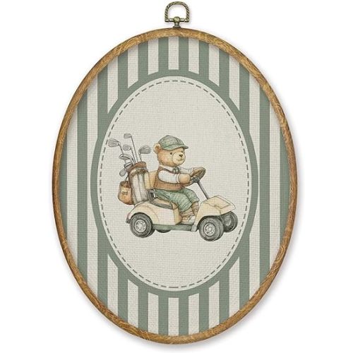 CGBHW Vintage Golf Bear Nursery Oval Wall Art Decor, Sports Canvas Prints Framed, Green Striped Bear Driving Golf Car Wall Art Hanging Decor for Home Kitchen Kids Boy Nursery Room Bedroom Playroom, 8.6x11.4 Inch