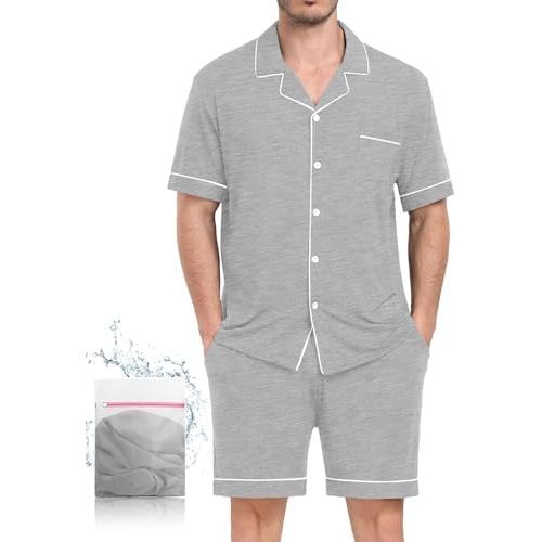 Mens Pajamas Set Short Sleeve Sleepwear Button Down Loungewear Set Soft Modal 2Pcs Pj Set with Pockets S-3XL