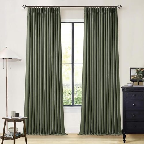 Olive Green Pinch Pleated 100% Blackout Linen Bedroom Curtains 96 Inch Length Double Layer Pleat Curtains Ring Hooks Back Tab Black Out Room Darkening Drapes 96 Inches Long Living Room Dark Green