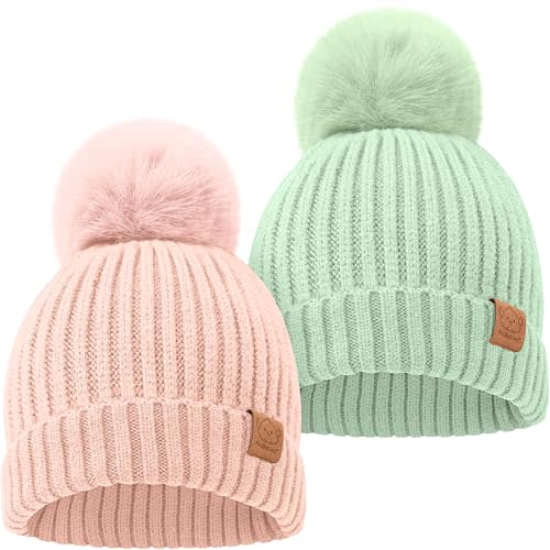 2-Pack Baby Hats for Girls, Boys - Stretchy Baby Beanies, Cute Newborn & Toddler Winter Hat, Soft & Warm Pom Pom Beanie for Infant, Toddler, Boys, Girls 6-36 Months (Macaron, M)