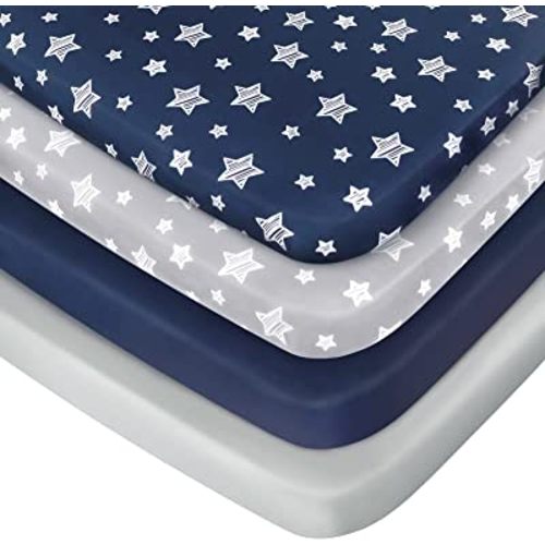 Mini Crib Sheets, 4 Pack Fitted Pack n Play Sheets for Baby Boys , Stretchy Mini Crib Sheets 39"X27"X 5" , Soft and Breathable Material, Navy