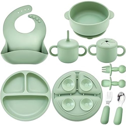 Silicone Baby Feeding Set, Baby Led Weaning Supplies, Eating Essentials Utensils with Suction Plate and Bowl, Pocket Bib, Sippy Cup with Lid, Forks Spoons Snack Container, for 6+ Months, Green