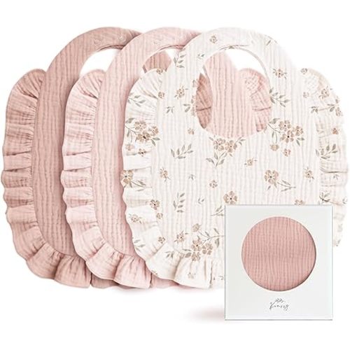 Konssy 3-Pack Muslin Baby Girl Bibs, 100% Cotton with Ruffle Trim | Ultra Soft & Absorbent, Baby Essentials for Drooling and Teething, for Newborn, Infant & Toddler 0-36 Months