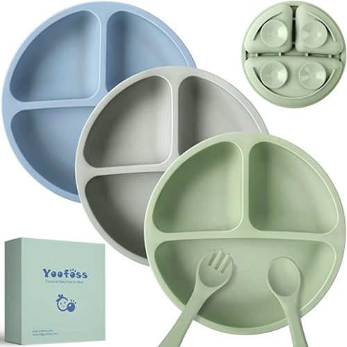 Yoofoss Toddler Plates Fork & Spoon Set - Suction Plates for Baby - 100% Silicone Baby Plates 3 Pack - BPA Free - Microwave and Dishwasher Safe - Divided Design - Blue, Green & Grey