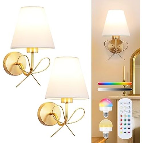 ADISUN Modern Wall Sconce Set of Two, Battery Operated Wall Sconce Remote Control Dimmable Wall Lamp Wireless Sconces for Living Room Bathroom Dining Room Corridor Staircase (2 Bulbs Included)
