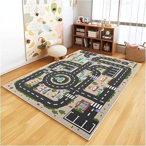 Analog ABC Kids Rug Playroom Car Rug Play Mat City Life Road Rug for Cars Fun City Map for Carpet for Bedroom Boys (31 * 47 inches, Evening City)