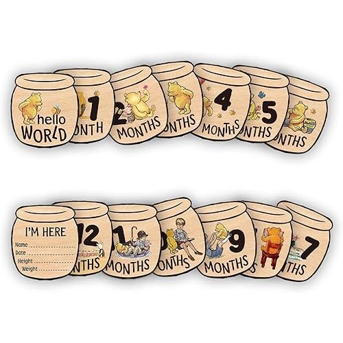 Baby Bear Month Milestone Circles, Wooden Honey Pot Shaped, for Baby Photo Shoots with 'Hello, World' Name Signs - 7 Double-Sided Signs for Documenting Growth