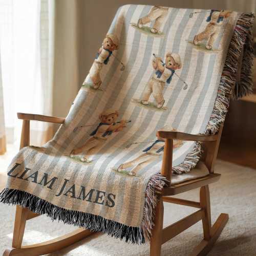 Vintage Golf Nursery Decor Bear Baby Blanket Personalized Baby Boy Blanket Custom Baby Name Blanket Golfer Boy Baby Shower Gift Keepsake