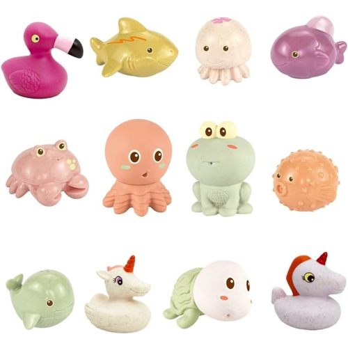 Baby Bath Toy, 12PCS Mold Free Silicone Bathtub Toy Set, Soft Chewable Animals Toys Teether w/ Water Spray & Floating Play, Educational Learning Skill Bathroom Toy for 6m+