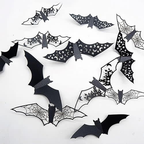 24Pcs Large Halloween Bats Decorations - 3D Self-Adhesive PVC Scary Wall Decor, Hollow Out Waterproof Black Stickers for Indoor Party Supplies, Door and Room Decals