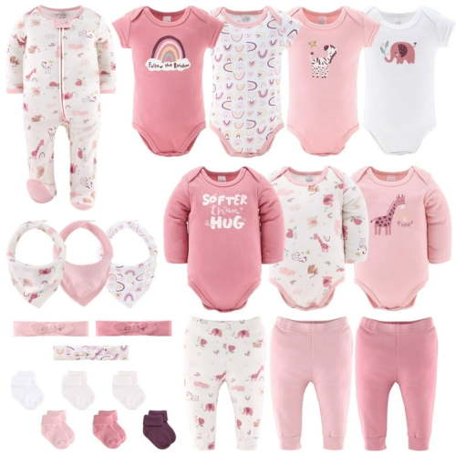 The Peanutshell Layette Gift Set for Baby Girls, 23 Essential Pieces, Pink Rainbow Safari Animals, 18-24 Months