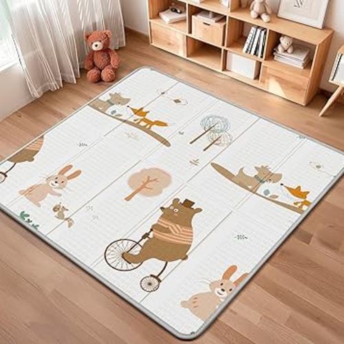 Foldable Baby Play Mat, PIGLOG Waterproof Playmats for Babies and Toddlers Kids, Safe Foam Playmat for Tummy Time, 50x50 Playpen Mat, Reversible Portable Baby Floor Mat for Infant, Toddler, Bear