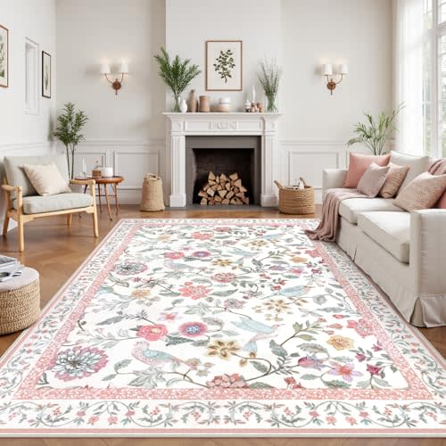 Rugalia Floral Washable 8x10 Area Rug for Living Room, Soft Pink Large Girls Bedroom Rug, Non-Slip Low Pile Flower Birds Dining Room Rug, Botanical Floor Carpet for Kids Classroom Office