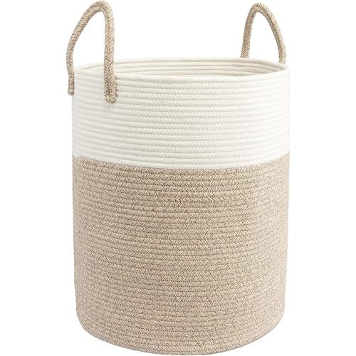 Woven Cotton Rope Laundry basket-15”X20” Laundry Hamper-Rope Storage Basket for Dirty Clothes, Toys and Blankets Perfect for Bathroom, Baby nursery and Living Room Storage (white and brown)