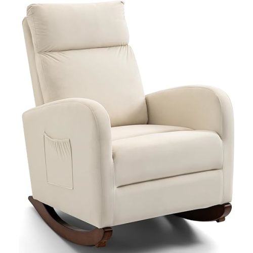 AVAWING Nursery Rocking Chair, Upholstered Glider Chair with Solid Wood Legs, Wooden Rocker Chair with Two Side Pockets, High Back Chair for Living Room, Bedroom (Beige)