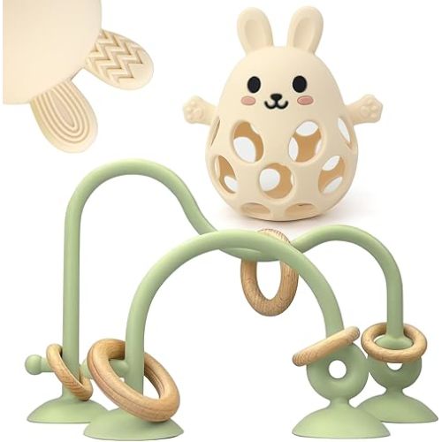 Baby High Chair Suction Toys Teething Chew - Baby Teething Toys Silicone Teethers, Table Toys, Food Grade Silicon for 6 12 18 Months (GreenCream)