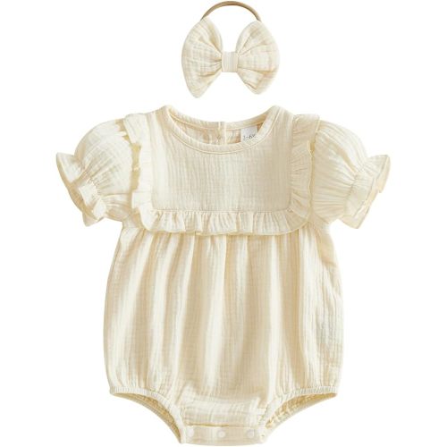 Kupretty Newborn Baby Girl Summer Clothes Vintage Muslin Linen Ruffle Romper Short Sleeve Bodysuit Jumpsuit with Headband