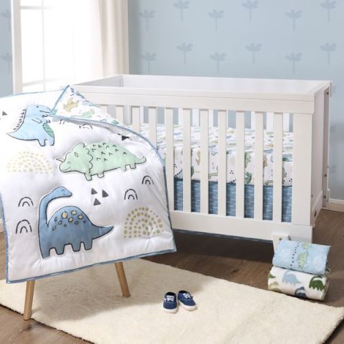 The Peanutshell 5-piece Blue Dino Baby Crib Bedding Set For Boys With Extra Sheet, Quilt And Blanket