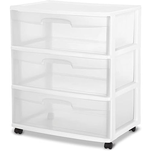 3 Drawer Wide Plastic Storage Cart with Clear Pull-Out Drawers & 4 Wheels - Medium Home Organization Container for Classroom Bathroom Dorm Bedroom Laundry Room (White)