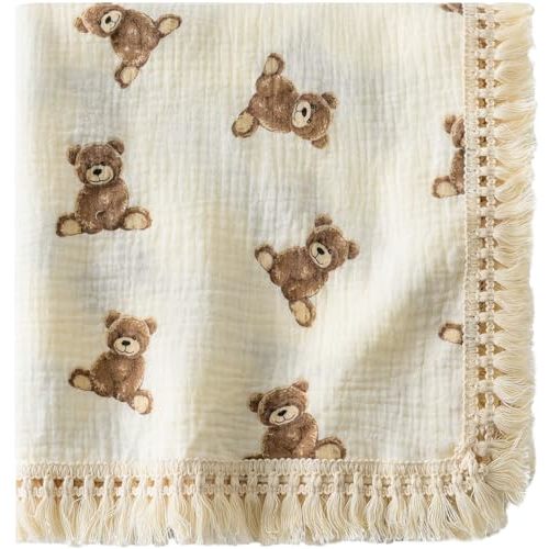 Little Jump Cotton Muslin Swaddle Blankets with Tassel, Boho Bohimia Muslin Baby Blanket Neutral with Fringe, Vintage Teddy Bear Nursery Decor Muslin Throw Blanket 47" x40" (Teddy Bears)